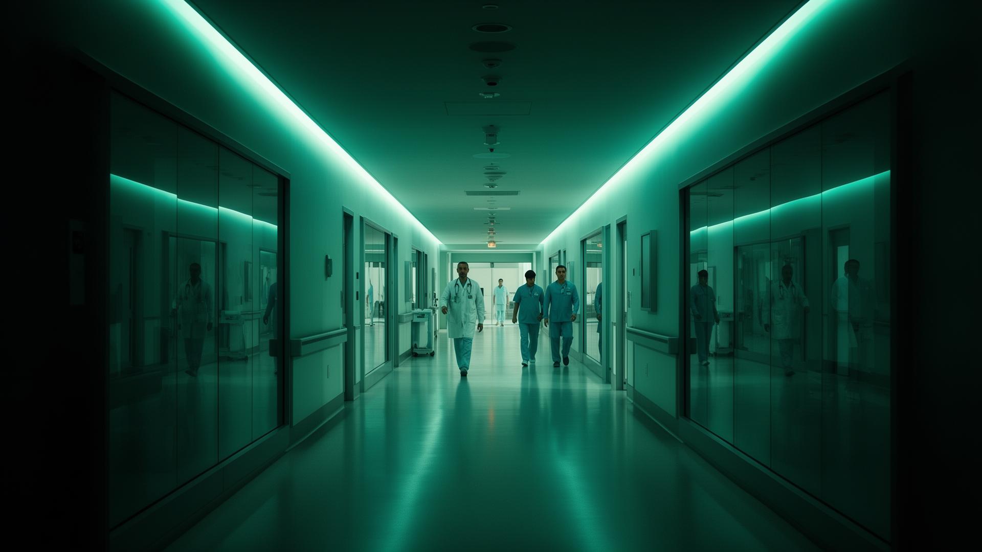 Corredor hospitalar moderno simbolizando eficiência operacional